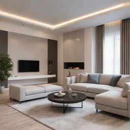 Display an elegant and modern home interior design filled with stylish furniture, tasteful color schemes, and ambient lighting.