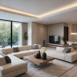 Display an elegant and modern home interior design filled with stylish furniture, tasteful color schemes, and ambient lighting.