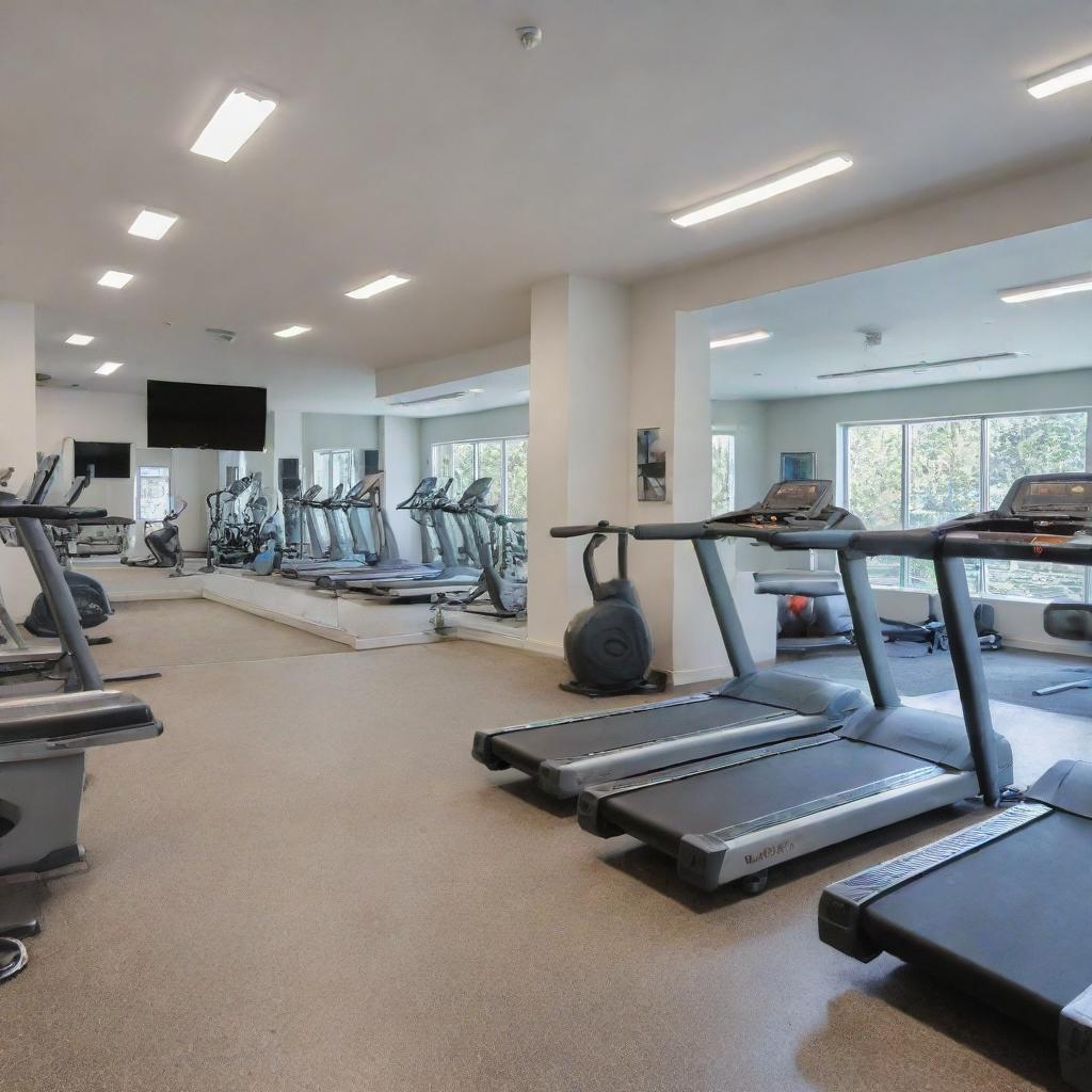 A state-of-the-art gym filled with various types of exercise equipment such as treadmills, weightlifting machines, yoga mats, and punching bags. A mirror wall is reflecting the clean, well-lit interior.