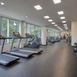 A state-of-the-art gym filled with various types of exercise equipment such as treadmills, weightlifting machines, yoga mats, and punching bags. A mirror wall is reflecting the clean, well-lit interior.