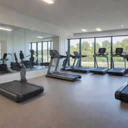 A state-of-the-art gym filled with various types of exercise equipment such as treadmills, weightlifting machines, yoga mats, and punching bags. A mirror wall is reflecting the clean, well-lit interior.