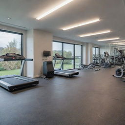 A state-of-the-art gym filled with various types of exercise equipment such as treadmills, weightlifting machines, yoga mats, and punching bags. A mirror wall is reflecting the clean, well-lit interior.