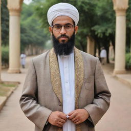 A dignified, smart Maulvi (Muslim Scholar), spotted in traditional attire, with a hint of modern touch for sophistication.