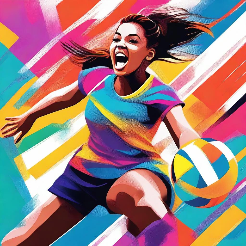 A high quality digital art image showcasing a vibrant and energetic girl playing volleyball