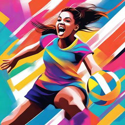 A high quality digital art image showcasing a vibrant and energetic girl playing volleyball