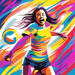 A high quality digital art image showcasing a vibrant and energetic girl playing volleyball