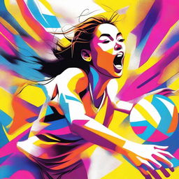 A high quality digital art image showcasing a vibrant and energetic girl playing volleyball