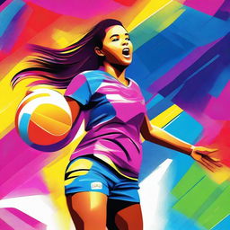 A high quality digital art image showcasing a vibrant and energetic girl playing volleyball