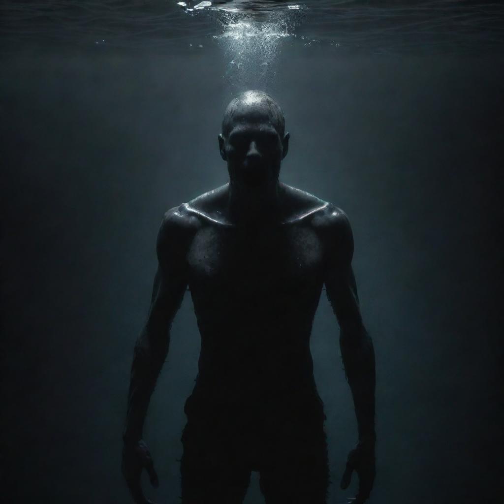 A half-human, half-monster character submerged in a dark, ominous atmosphere