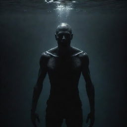 A half-human, half-monster character submerged in a dark, ominous atmosphere