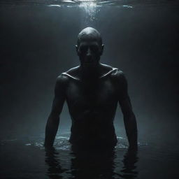 A half-human, half-monster character submerged in a dark, ominous atmosphere