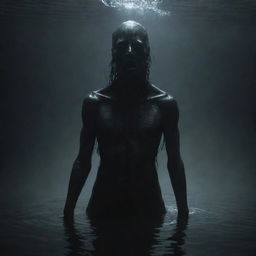 A half-human, half-monster character submerged in a dark, ominous atmosphere