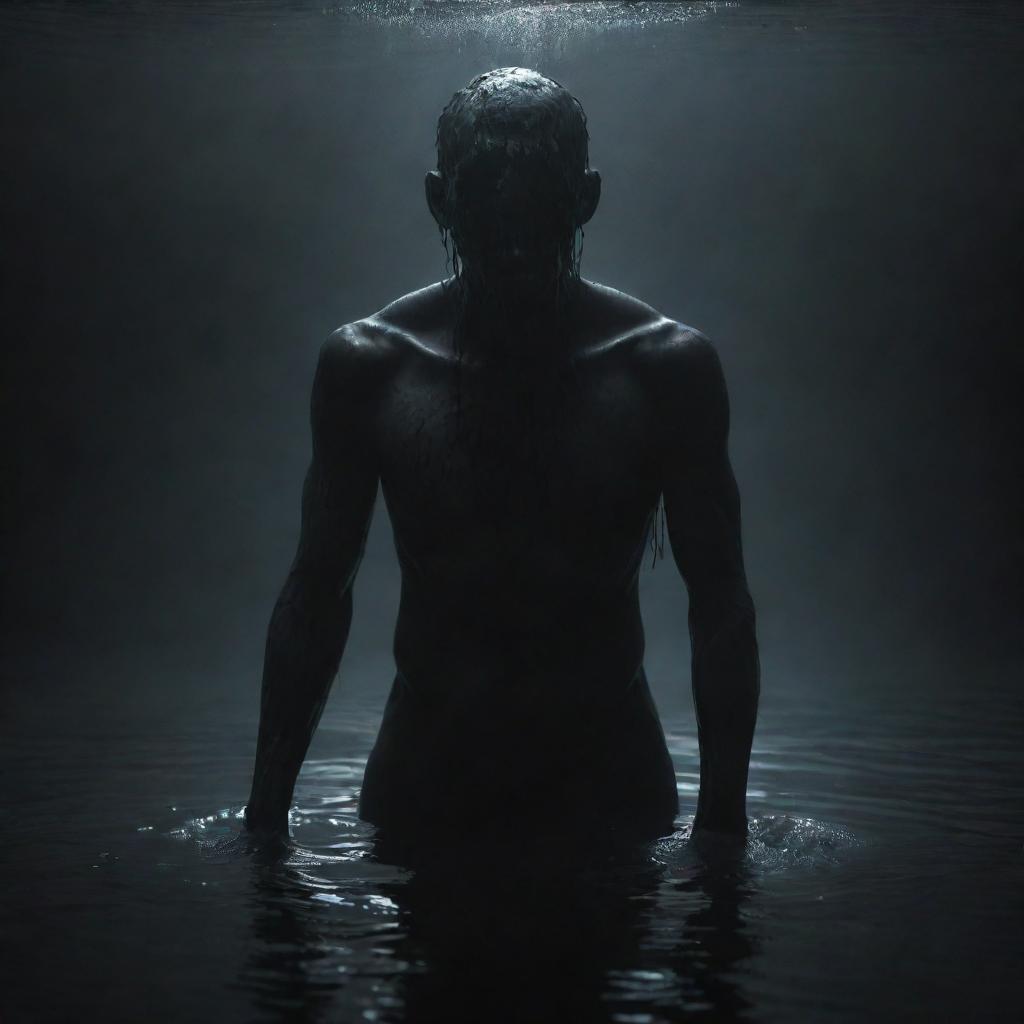 A half-human, half-monster character submerged in a dark, ominous atmosphere