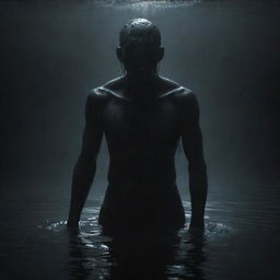 A half-human, half-monster character submerged in a dark, ominous atmosphere