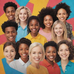 Craft an inspiring movie poster on the theme of a self-esteem group. It should portray a diverse group of people collaborating positively, with an uplifting color scheme and bold title.