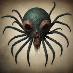 Construct a Lovecraftian creature which melds features of a spider with a hauntingly human face.