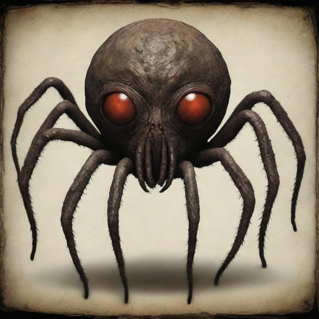 Construct a Lovecraftian creature which melds features of a spider with a hauntingly human face.