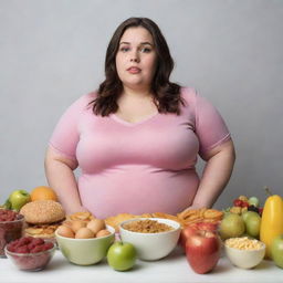 A confident plus-sized girl contemplating an array of various foods, believing herself to be slender.