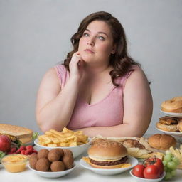 A confident plus-sized girl contemplating an array of various foods, believing herself to be slender.