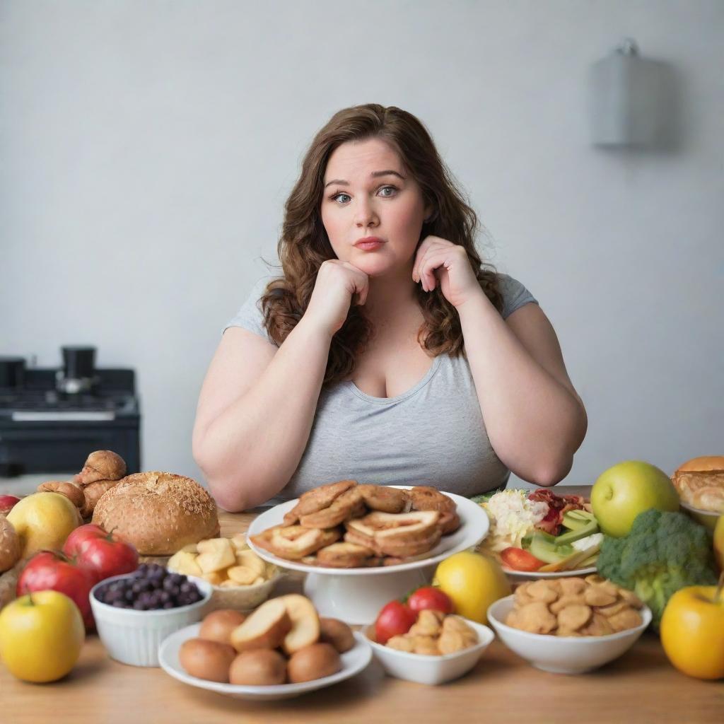 A confident plus-sized girl contemplating an array of various foods, believing herself to be slender.