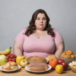 A confident plus-sized girl contemplating an array of various foods, believing herself to be slender.