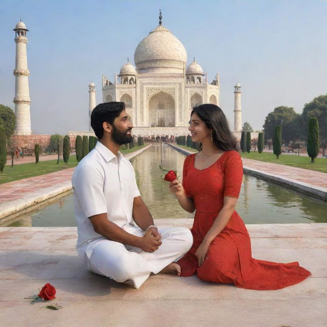 A 3D cartoon of a couple named Sabil and Vitha sitting at the Taj Mahal. Sabil, wearing a shirt with his name, proposes to Vitha, who is wearing a shirt with her name, offering her a red rose.