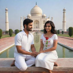 A 3D cartoon of a couple named Sabil and Vitha sitting at the Taj Mahal. Sabil, wearing a shirt with his name, proposes to Vitha, who is wearing a shirt with her name, offering her a red rose.