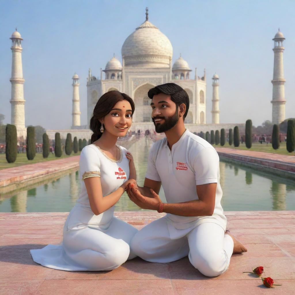 A 3D cartoon of a couple named Sabil and Vitha sitting at the Taj Mahal. Sabil, wearing a shirt with his name, proposes to Vitha, who is wearing a shirt with her name, offering her a red rose.