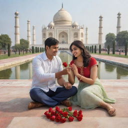 A 3D cartoon of a couple named Sabil and Vitha sitting at the Taj Mahal. Sabil, wearing a shirt with his name, proposes to Vitha, who is wearing a shirt with her name, offering her a red rose.