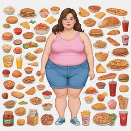 Cartoon depiction of a confident girl with a larger body type, who perceives herself as skinny, casually surrounded by an array of various delicious foods.