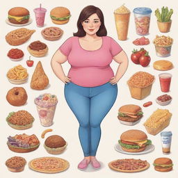 Cartoon depiction of a confident girl with a larger body type, who perceives herself as skinny, casually surrounded by an array of various delicious foods.