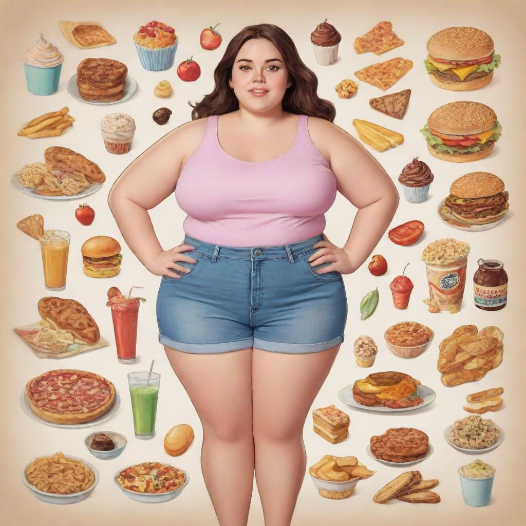 Cartoon depiction of a confident girl with a larger body type, who perceives herself as skinny, casually surrounded by an array of various delicious foods.