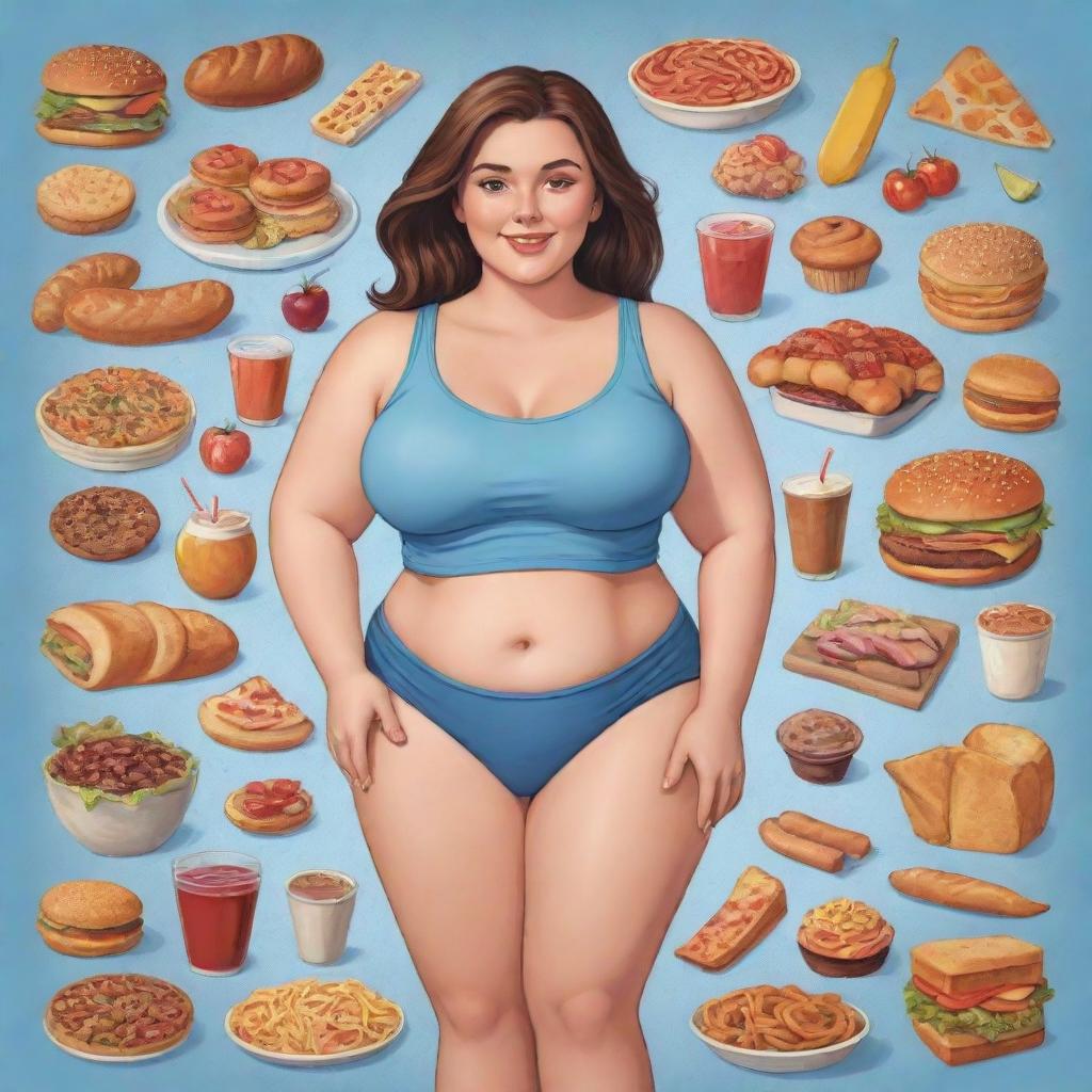 Cartoon depiction of a confident girl with a larger body type, who perceives herself as skinny, casually surrounded by an array of various delicious foods.