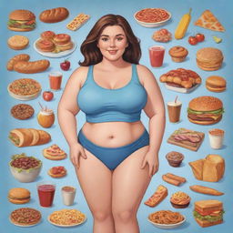 Cartoon depiction of a confident girl with a larger body type, who perceives herself as skinny, casually surrounded by an array of various delicious foods.