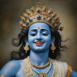 Lord Krishna depicted with a dual expression of laughter and tears, capturing a poignant blend of joy and sadness.