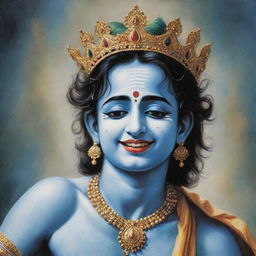 Lord Krishna depicted with a dual expression of laughter and tears, capturing a poignant blend of joy and sadness.