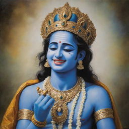 Lord Krishna depicted with a dual expression of laughter and tears, capturing a poignant blend of joy and sadness.