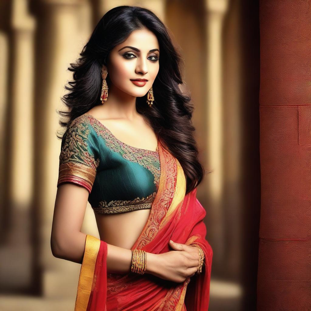 A high-resolution photograph featuring a Desi Indian actress in a modern dress