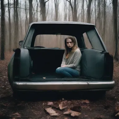 As the car swerved through the dark and desolate forest, she felt intense car sickness, adding to the overall horror movie experience.