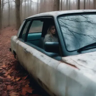 As the car swerved through the dark and desolate forest, she felt intense car sickness, adding to the overall horror movie experience.