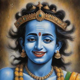 Lord Krishna depicted with a dual expression of laughter and tears, capturing a poignant blend of joy and sadness.