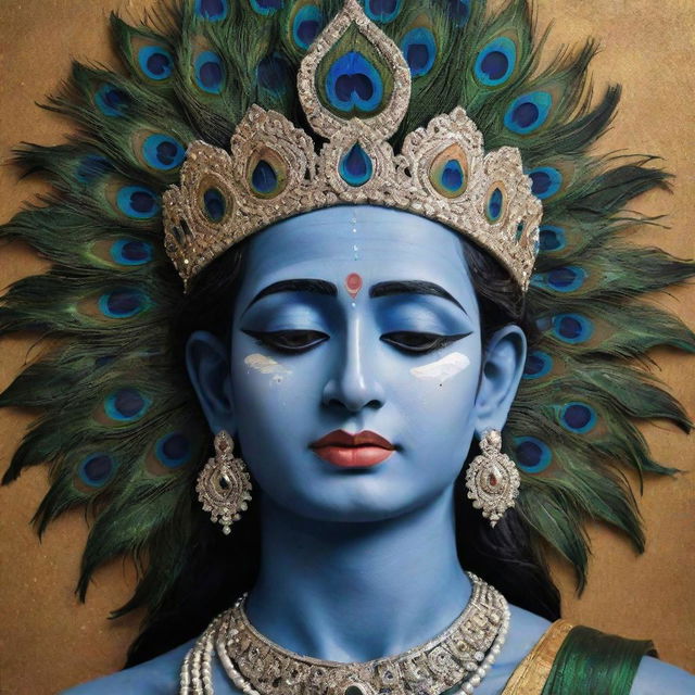 A powerful, emotionally resonant image of Lord Krishna crying, with tears glittering on his cheeks, his peacock feather crown slightly tilted, framed in a serene celestial backdrop.