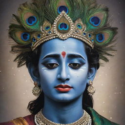 A powerful, emotionally resonant image of Lord Krishna crying, with tears glittering on his cheeks, his peacock feather crown slightly tilted, framed in a serene celestial backdrop.