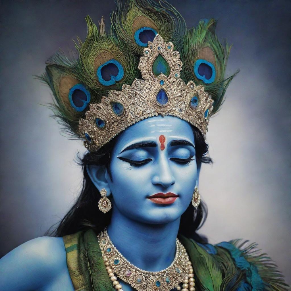 A powerful, emotionally resonant image of Lord Krishna crying, with tears glittering on his cheeks, his peacock feather crown slightly tilted, framed in a serene celestial backdrop.