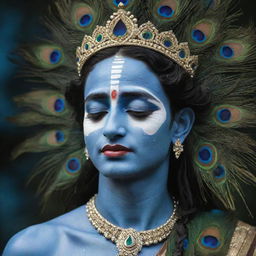 A powerful, emotionally resonant image of Lord Krishna crying, with tears glittering on his cheeks, his peacock feather crown slightly tilted, framed in a serene celestial backdrop.