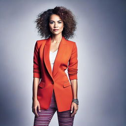 A high-definition photograph capturing an actress dressed in a modern outfit