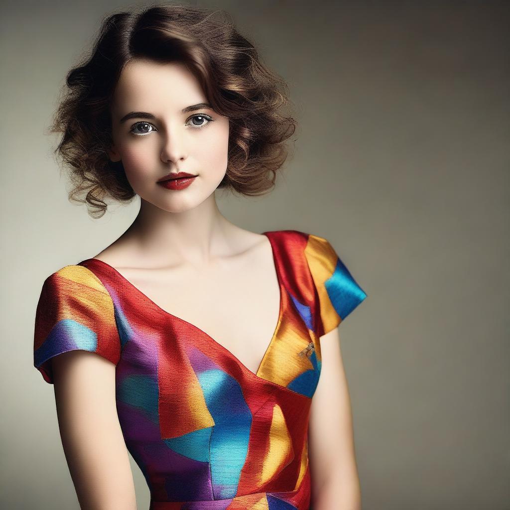 A high-resolution photograph featuring a young actress clad in a modern dress