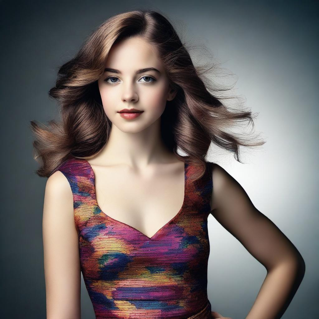 A high-definition photograph of a young actress in a modern dress