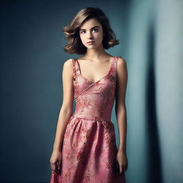 A high-definition photograph of a young actress in a modern dress