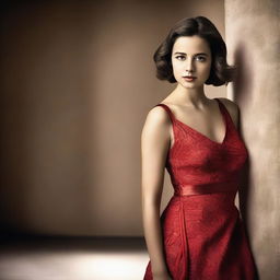 An exquisite high-resolution photograph of a young actress donned in a chic modern dress